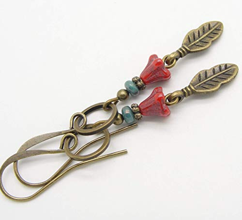 Boho Blue and Red Feather Dangle Earrings in Antiqued Brass