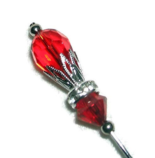 RED Glass CRYSTAL w RHINESTONE Stick Hat Pin Long Hatpin Vintage Style Silver Plated RED Glass CRYSTAL w RHINESTONE Stick Hat Pin Long Hatpin Vintage Style Silver Plated
