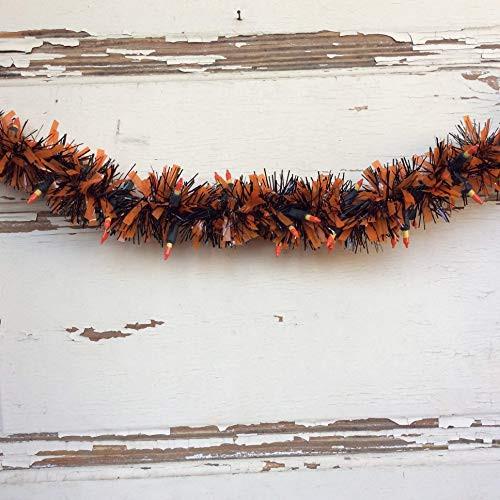 AGD Halloween Decor -Candy Corn Cluster Lighted Black Orange Tinsel Garland 9ft