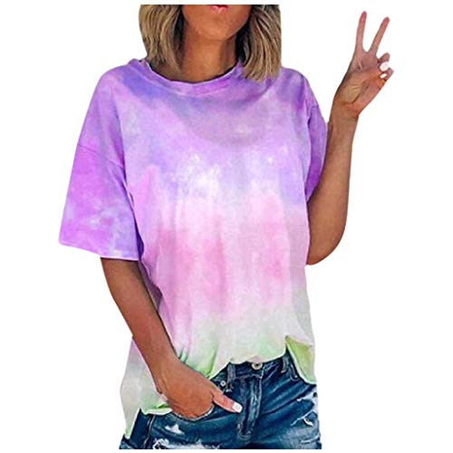 AOKASII Tops for Women  Womens Casual Summer Short Sleeve T-Shirt Gradient Printed O-Neck Blouse Shirt Tunic Top Purple