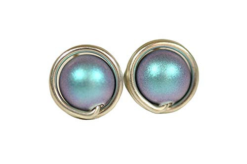 Blue Pearl Stud Earrings - Sterling Silver or Gold Wire Wrapped Iridescent Light Blue Swarovski Pearls Handmade