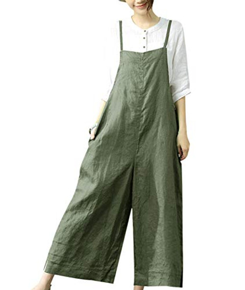 YESNO Women Casual Loose Bib Pants Wide Leg Jumpsuits Rompers Overalls w Pockets PZZTYP2  S  A-Ash Green-Split Wide Leg