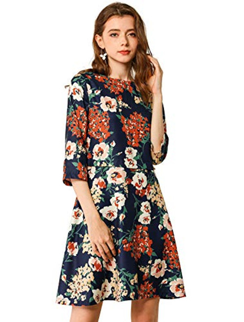Allegra K Women's Vintage Floral Print Dresses Boat Neck Half Sleeve Flare Dress X-Small Navy Blue