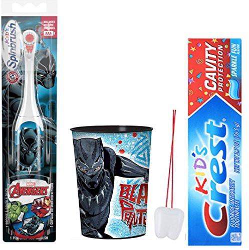 Marvel Avengers Black Panther Spinbrush kids Powered Toothbrush  and  Crest Sparkle fun Toothpaste Bundle Plus Avengers Mouthwash Rinse Cup BUNDLE