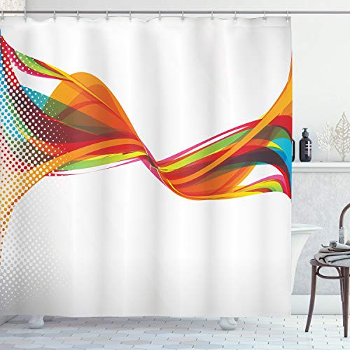 Ambesonne Abstract Shower Curtain  Rainbow Curved Wave Smoke Like Image with Pixel Style Detailed Work of Art Print  Cloth Fabric Bathroom Decor Set with Hooks  84" Long Extra  White Orange