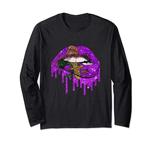 Mardi Gras Carnival Costume Purple  and  Gold Fleur-de-lis Lips Long Sleeve T-Shirt