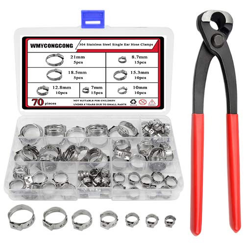 WMYCONGCONG 70 PCS 304 Stainless Steel Single Ear Hose Clamps Pinch Clamp Assortment Kit with Ear Clamp Pincer for Securing Pipe Hoses and Automotive Use  7-21mm