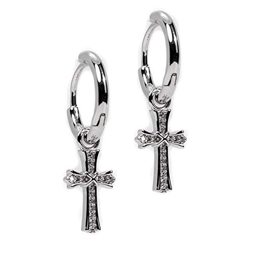 Sterling Silver Iced Cz Dangle Hanging Hip Hop Huggie 2Pc Cross Hoop Earrings