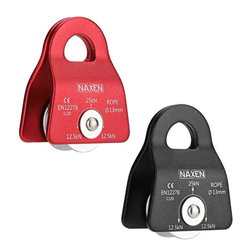 NAXEN 25kN CE Certified Climbing Pulley Micro Prusik Minding Pulley Mobile Side Plate Pulley Black  and  Red Pack of 2