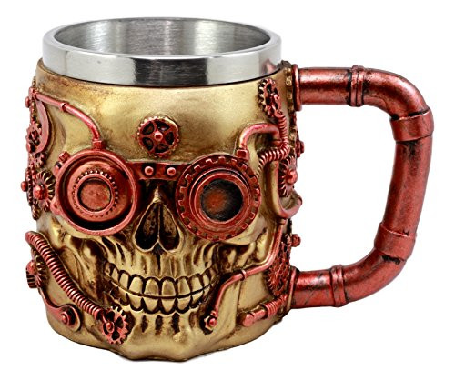 Ebros Gift Golden Steampunk Detective Skull Coffee Mug With Painted Mechanical Gearwork Red Pipeline Design Beer Stein Tankard Drink Cup 14oz  Red Steampunk Skull