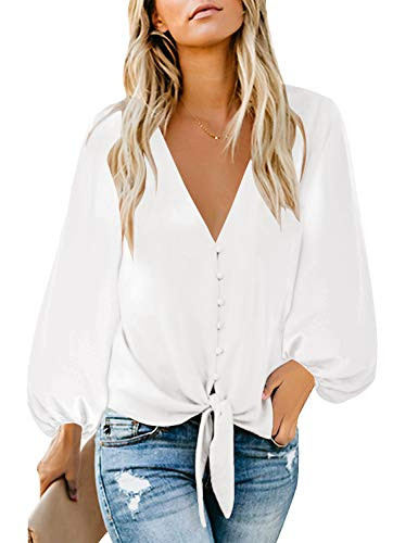 luvamia Women's Casual Long Balloon Sleeve V Neck Loose Button Down Shirts Tie Knot Tops Blouse White Size XL