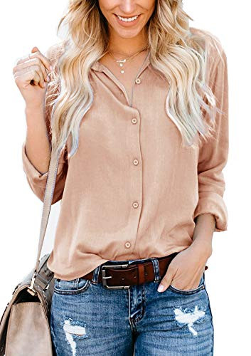 ZC and GF Women's Long Sleeve V-Neck Stripes Casual Blouses Pocket Button Down Shirt Tops  X-Large  Apricot