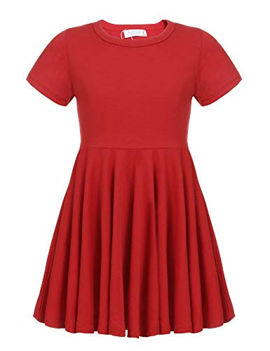 Arshiner Little Girls Short Sleeve A Line Casual Skater Dress Red 130 Age for 8-9Y