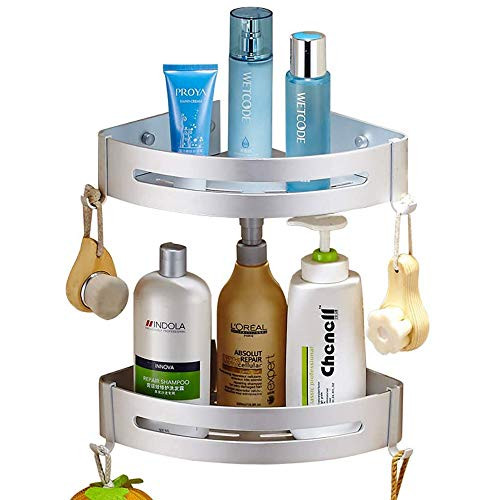 Coolnice 2 Pack Corner Shower Caddy Aluminum Shower Shelf Corner with 4 Hooks Wall Mount Bathroom Corner Shelf Shower Corner Organizer No Need Drilling with Adhesive for Bathroom Kitchen-Silver