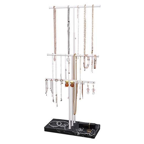 LKKL Jewelry Organizer 3 Tier Hanging Necklace Holder Jewelry Tree Stand With Height - Adjustable Jewelry Display Tray Base For Earrings Necklaces Bracelets and Rings- White Black LKKL Jewelry Organizer 3 Tier Hanging Necklace Holder Jewelry Tree Stand With Height - Adjustable Jewelry Display Tray Base For Earrings Necklaces Bracelets and Rings- White Black