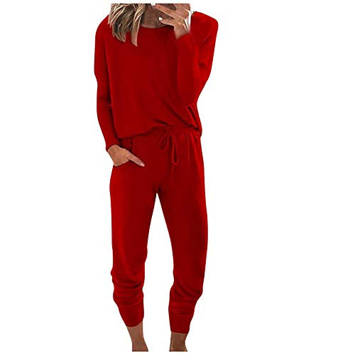 Shakumy Women Two Piece Lounge Outfits Long Sleeve Crewneck Pullover Tops and Long Pants Sweatsuits Tracksuits with Pockets Red