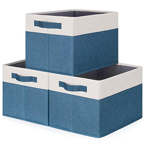 Lifewit Storage Bins Fabric Storage Baskets Collapsible 3 Pack Cube Boxes Shelves Organizers with Sturdy Handles for Closet Nursery Cabinet Living Room Bedroom  15x11x9.6 in  Blue