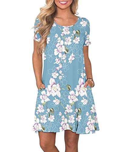 WNEEDU Women's Summer Casual T Shirt Dresses Short Sleeve Swing Dress with Pockets  XL  M Floral Light Blue