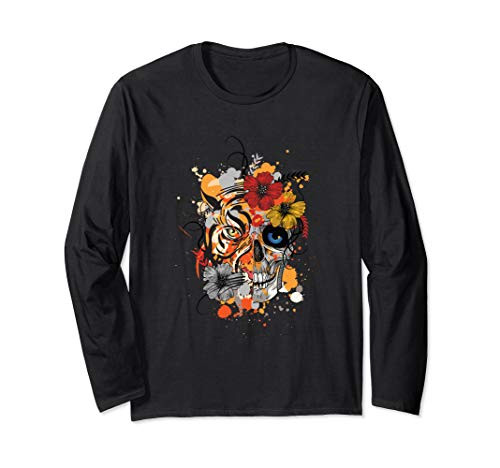 Tiger and skull design with flowers and paint splashes Long Sleeve T-Shirt
