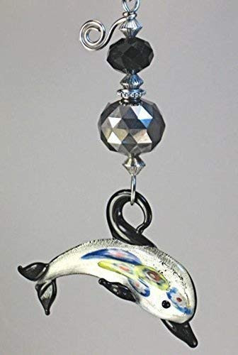 Midnight Silver Moon Glass Dolphin with Black Faceted Glass Ceiling Fan Pull Chain