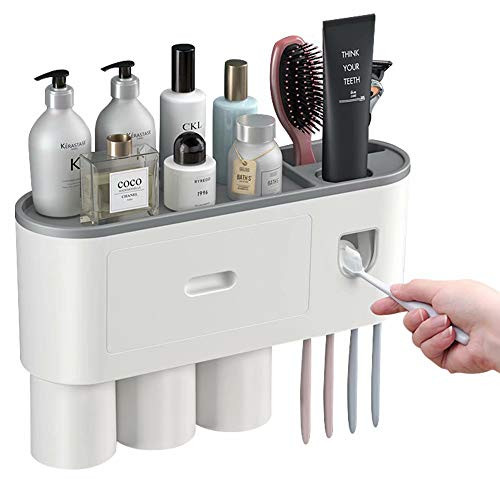Samhe Toothbrush Holder with Toothpaste Dispenser and 3 Magnetic Cups  Wall Mounted Space Saving Bathroom Organizer for Toothbrush Toothpaste