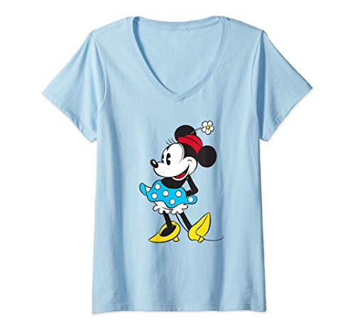 Womens Disney Minnie Mouse in Pillbox Flower Hat V-Neck T-Shirt