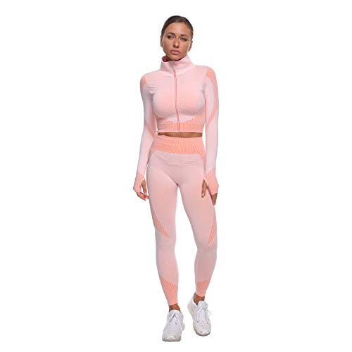 Women's Tracksuit Workout Outfits - Seamless High Waist Leggings and Long Sleeve Crop Top Yoga Activewear Set  2 Piece Pink  L
