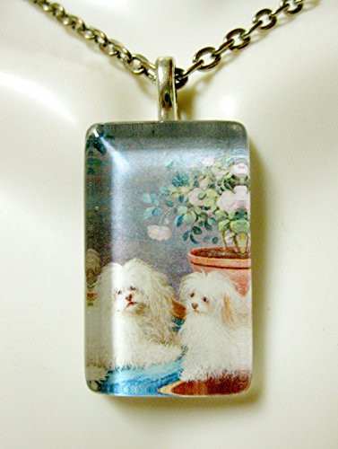 Maltese on a blue pillow glass pendant and chain - DGP09-028