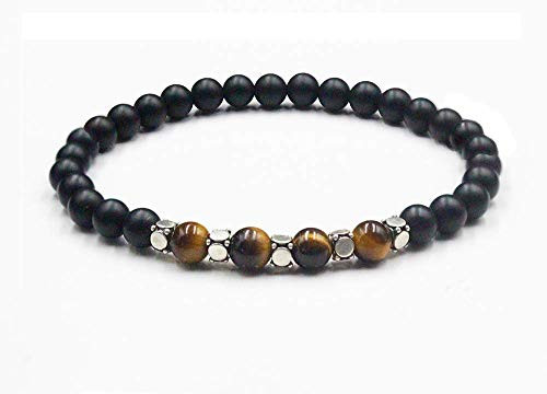 Matte Black Onyx and Tiger's Eye Bracelet  Onyx  Tiger's Eye and Sterling Silver Beads Bracelet