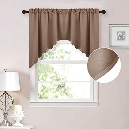 NICETOWN Half Window Pole Pocket Kitchen Tier Curtains- Tailored Scalloped Valance  Swags for Living Room  2 Panels  36 X 36" Each Panel  Cappuccino