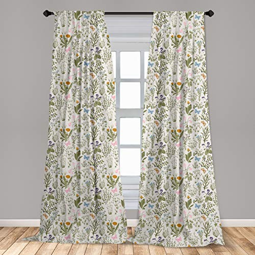 Ambesonne Floral Window Curtains  Vintage Garden Plants with Herbs Flowers Botanical Classic Design  Lightweight Decorative Panels Set of 2 with Rod Pocket  56" x 63"  Mustard Green