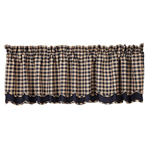 VHC Brands Classic Country Primitive Kitchen Window Curtains - Check Blue Scalloped Valance Navy VHC Brands Classic Country Primitive Kitchen Window Curtains - Check Blue Scalloped Valance Navy