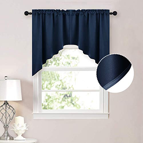 NICETOWN Kitchen Window Treatments Curtains - Blackout Tailored Scalloped Valance Swags Tiersn Window Toppers for Bedroom Bathroom  Navy  1 Pair  W36 x L36 inches Each Panel