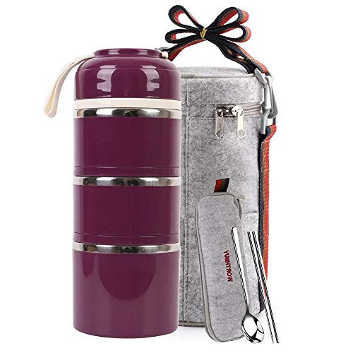 Lunch Box Stainless Steel Food Containers 3 Stackable Square Bento Box with Insulated Lunch Bag Spoon and Fork Set for School Office Or Picnic  Purple