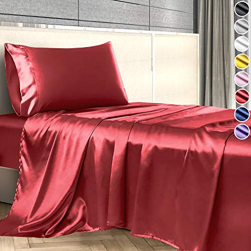 Satin Sheets Twin  3 Pieces  8 Colors   Silky Satin Sheet Set -Satin Bed Set with Pillowcase  Satin Fitted Sheet - Red Satin Sheets  Satin Bed Sheets Twin  Satin Bedding Set