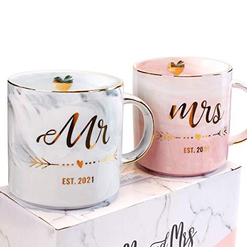 VILIGHT Mr and Mrs EST 2021 Mugs for Couple - Unique Engagement Wedding and Bridal Shower Gifts for Bride and Groom To Be - Marble Coffee Cups Set