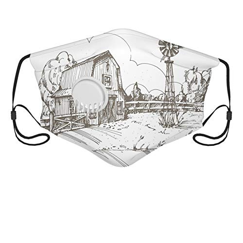 Windmill  Rustic Barn Farmhouse Hand Drawn Illustration Countryside Rural Meadow Taupe Face Mask Reusable Washable Masks Cloth for Men and Women