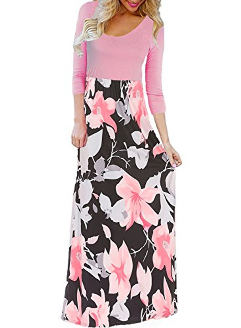 Womens Floral Maxi Dresses 3 4 Sleeve Crew Neck Summer Beach Long Dress Pink M