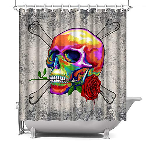 Skull Shower Curtain Vintage Skull with Roses Halloween Bathroom Decor Shower Curtain with Hooks Waterproof Polyester Fabric 72"x72" Brown