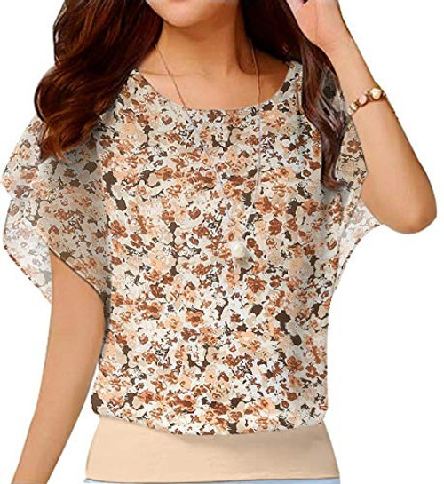 VIISHOW Women's Loose Casual Leaf Printed Short Sleeve Chiffon Top T-Shirt Blouse  Floral Brown  3X-Large