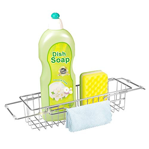 Telescopic Sink Storage Rack  Stainless Steel Kitchen Sink Caddy with Towel Drying Rack  Sink Basket with Dishcloth Hanger  Soap and Sponge Holder Organizer  Collapsible Sink Caddy Drainer silvery