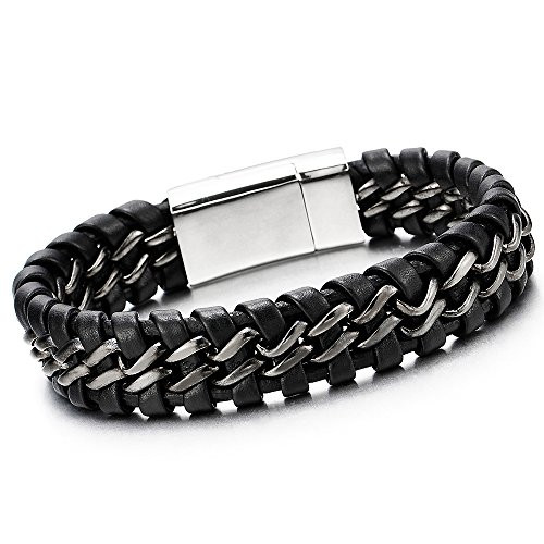 COOLSTEELANDBEYOND Mens Black Braided Leather Bracelet Interwoven with Stainless Steel Black Link Chains