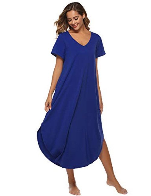 Alletya Sleepwear Womens Nightgown Sexy Sleep Shirt Dress V Neck Short Sleeve Soft Nightshirt Cotton Loungewear Casual Sleepwear for Women Navy Blue L