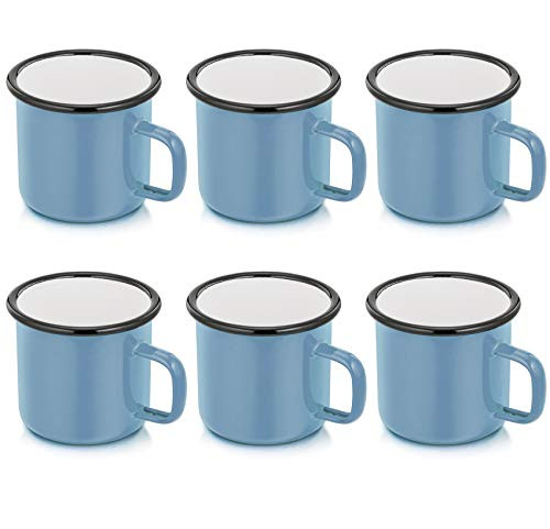 Blue Enamel Coffee Mugs Set of 6  P and P CHEF 12oz Small Camping Enamel Tea Cups for Indoor and Outdoor Activities  Wide Handle  and  Smooth Rim  Portable  and  Durable  350ml