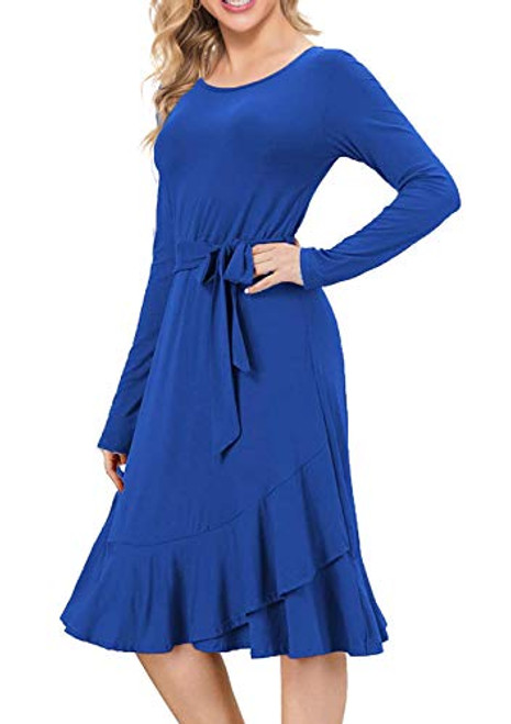 Kyerivs Midi Dress with Long Sleeve Women Pockets Modest Work Casual Fall Dresses Belt Royal Blue Large