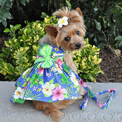 Blue Lagoon Hawaiian Hibiscus Dog Dress with Matching Leash  Small