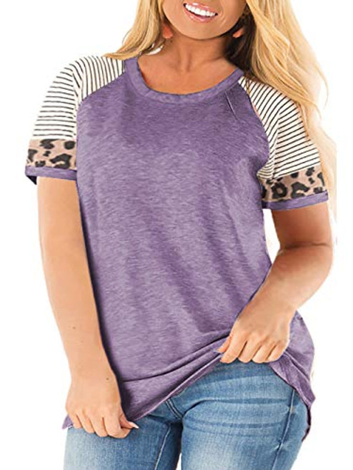 Womens Plus Size Tops Summer 3X T Shirts Casual Striped Tunics Light Purple 22W