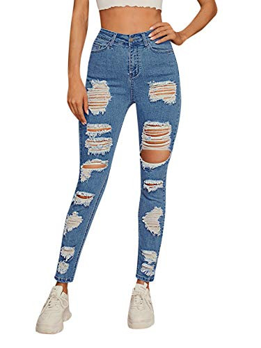SweatyRocks Women's Casual High Waist Ripped Skinny Jeans Distressed Denim Pants Plain Light Blue S