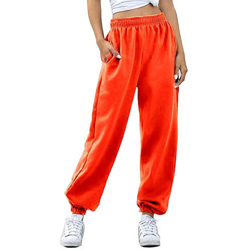 Women's Cinch Bottom Sweatpants Pockets High Waist Sporty Gym Athletic Fit Jogger Pants Lounge Trousers  Orange  Medium
