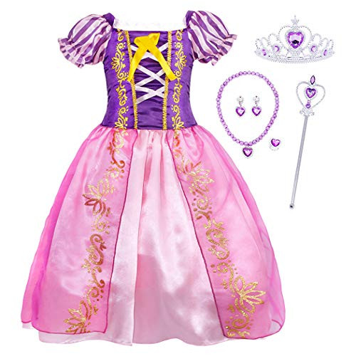 Princess Costume for Girls Rapunzel Dress Purple Toddler Girls Costume Halloween Birthday Cosplay Party Dress Up with Jewelry Kids 6T